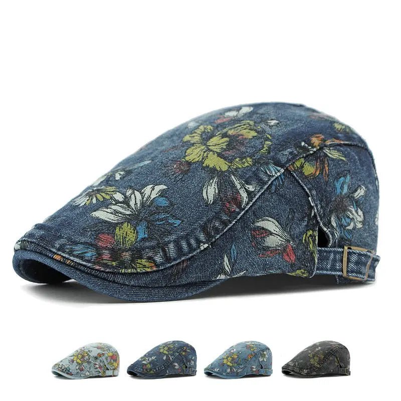 Cotton Newsboy Cap with Flower Print - HAT MARTS