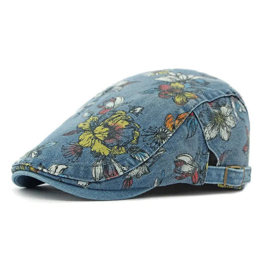 Cotton Newsboy Cap with Flower Print - HAT MARTS