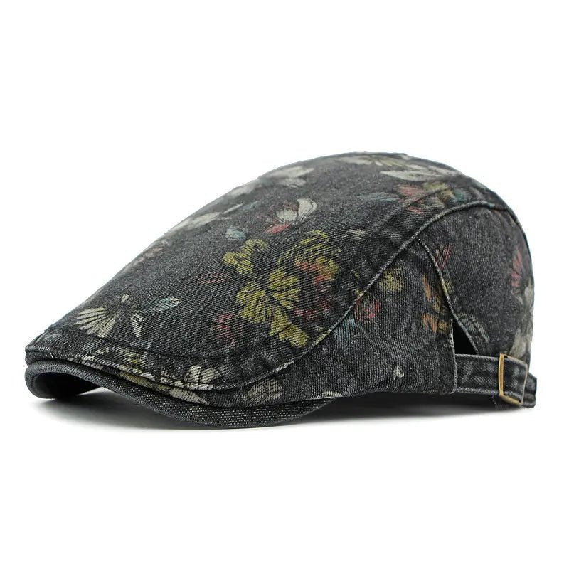 Cotton Newsboy Cap with Flower Print - HAT MARTS