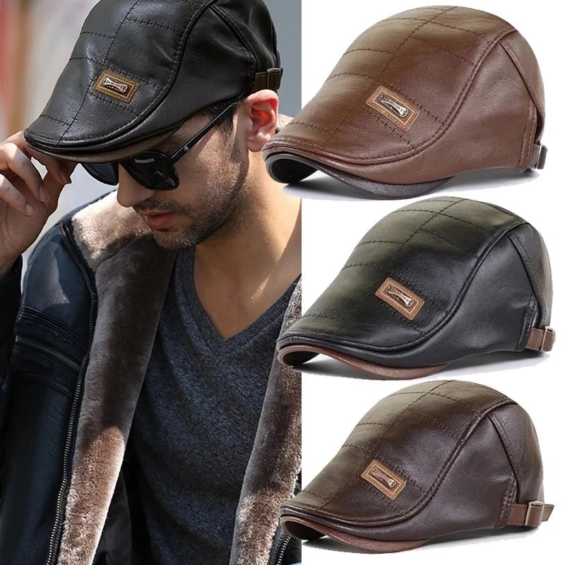 Men's Faux Leather Beret with Visor - HAT MARTS