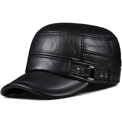 Men's Winter Genuine Leather Military Flat Cap - HAT MARTS