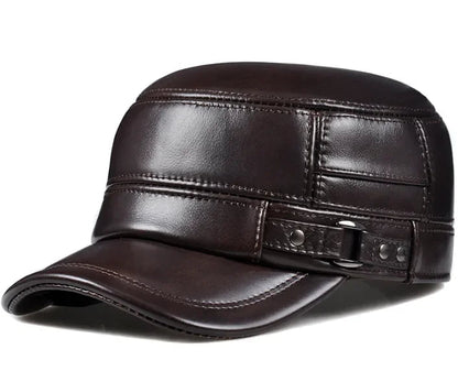 Men's Winter Genuine Leather Military Flat Cap - HAT MARTS