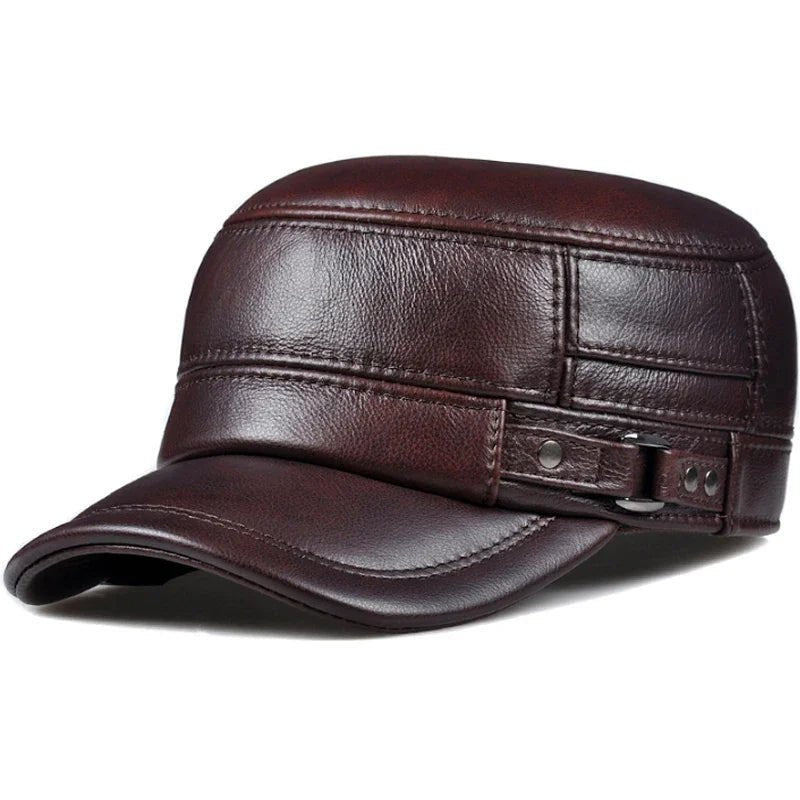 Men's Winter Genuine Leather Military Flat Cap - HAT MARTS