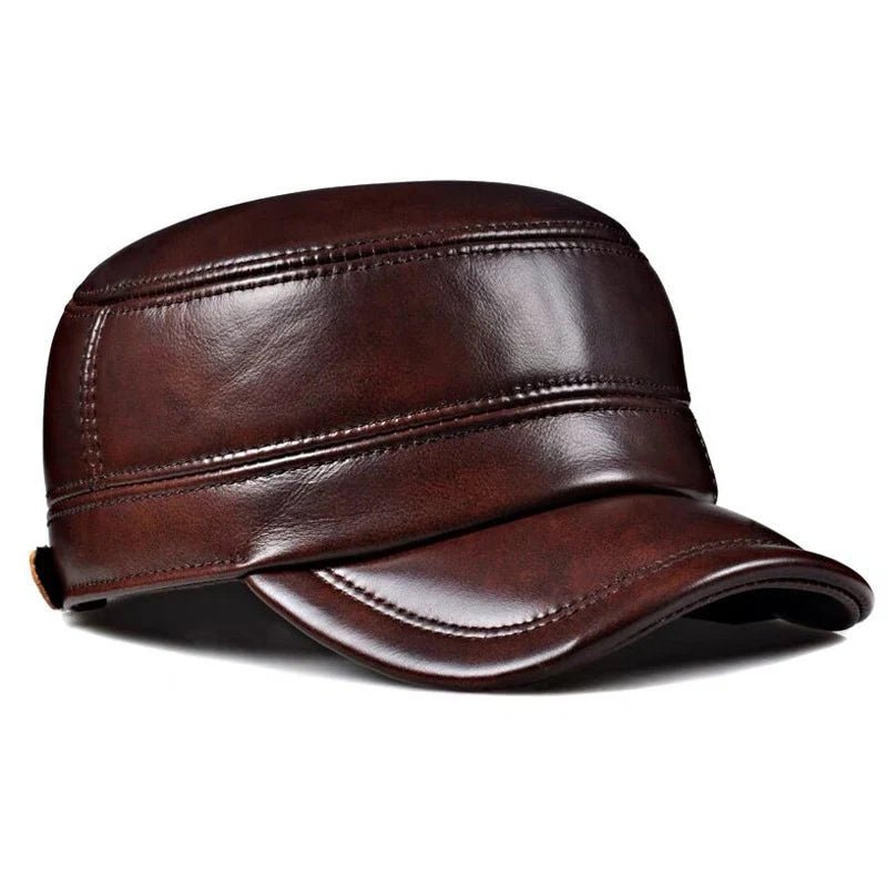 Men's Winter Genuine Leather Military Flat Cap - HAT MARTS