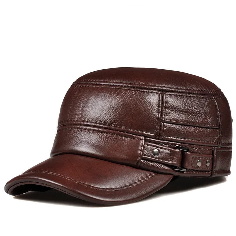 Men's Winter Genuine Leather Military Flat Cap - HAT MARTS