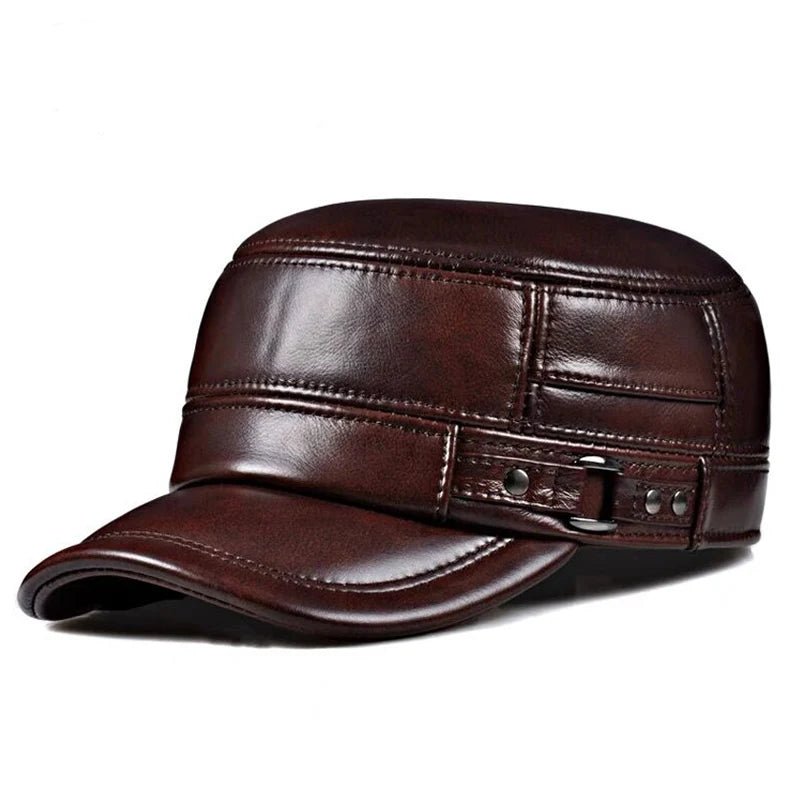 Men's Winter Genuine Leather Military Flat Cap - HAT MARTS